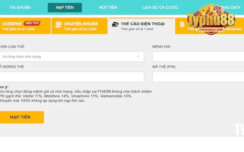 Người chơi có thể chọn giao dịch nạp tiền Typhu88 qua thẻ cào
